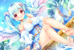  1girl :d ahoge angel angel_wings aqua_hair arm_at_side bare_legs bare_shoulders barefoot blue_corset blue_skirt blue_sky blush breasts cleavage cleavage_cutout clothing_cutout commentary_request corset covered_erect_nipples curvy day detached_sleeves dutch_angle feathered_wings feet floating_hair flower hair_between_eyes hair_flower hair_intakes hair_ornament hand_out_of_frame hand_up happy heart heart_hair_ornament juliet_sleeves large_breasts legs legs_together long_hair long_sleeves looking_at_viewer mikeou open_mouth original outdoors pink_flower puffy_sleeves red_eyes shiny_skin shirt sidelocks sitting skirt sky sleeveless sleeveless_shirt smile soaking_feet soles solo sparkle splashing toes very_long_hair white_shirt white_wings wings 