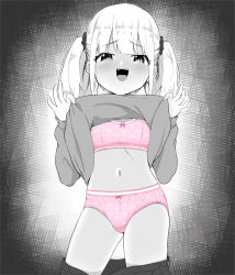  1girl absurdres blush bow bow_panties bra breasts clothes_lift clothes_pull flashing highres himitsu_ni_shitoite_ageru lifting_own_clothes loli long_hair looking_at_viewer monochrome navel open_mouth original panties pants pants_pull pink_bra pink_panties polka_dot polka_dot_bra polka_dot_panties scrunchie shirt shirt_lift small_breasts smile solo spot_color thighs training_bra twintails underwear  rating:Questionable score:204 user:danbooru