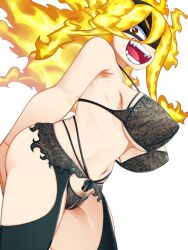  1girl armpits arms_behind_back ass ass_grab black_bra black_hairband black_panties black_pubic_hair boku_no_hero_academia bra breasts brown_eyes burnin_(boku_no_hero_academia) collarbone crazy_eyes eye_mask eyebrows eyebrows_visible_through_mask fangs female_focus fiery_hair fingernails fire garter_belt garter_straps grabbing_own_ass groin hair_between_eyes hair_ornament hairband highres kamiji_moe large_breasts legs lingerie long_hair looking_at_viewer looking_to_the_side mask matching_underwear midriff navel neck open_mouth panties pocopocomeron ponytail pubic_hair pussy pussy_peek sidelocks simple_background standing thick_thighs thighhighs thighs thong underboob underwear underwear_only unworn_clothes white_background wide_ponytail 