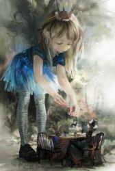  1girl alice_(alice_in_wonderland) alice_in_wonderland bad_id bad_pixiv_id bent_over blonde_hair blue_dress chair child crown cup dress full_body giant giantess hat highres leaning_forward long_hair looking_down mad_hatter_(alice_in_wonderland) march_hare_(wonderland) pantyhose rabbit saucer size_difference solo standing striped_clothes striped_legwear striped_pantyhose table tea tea_set teacup teapot top_hat tree yukim_(merryheart)  rating:Sensitive score:30 user:danbooru