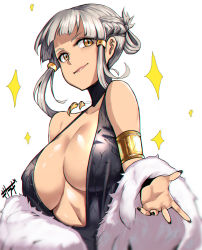  1girl absurdres armlet braid breasts dress fate/grand_order fate_(series) french_braid fur highres jewelry kisaragi_tsurugi large_breasts nail_polish necklace penthesilea_(fate) penthesilea_(shining_skyscrapers)_(fate) sidelocks silver_hair upper_body  rating:Questionable score:52 user:danbooru