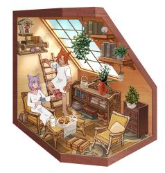  1boy 1girl 5altybitter5 animal_ears armchair book brown_eyes cabinet cat_ears chair clock closed_mouth cuckoo_clock dress green_eyes holding holding_book indoors loaded_interior long_sleeves orange_hair original plant potted_plant purple_hair rikkon_berchtes risian_carter scroll smile suitcase vase watering_can white_dress window 