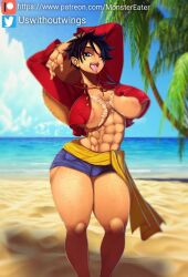  1girl abs belt breasts cloud commentary english_commentary genderswap genderswap_(mtf) highres large_breasts lightning long_hair monkey_d._luffy muscular muscular_female one_eye_closed one_piece open_clothes open_mouth open_shirt orange_eyes outdoors overcast pants scar scar_on_chest scar_on_face sky smile solo teeth white_hair 