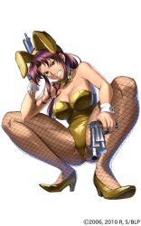  1girl angry animal_ears artist_request bare_shoulders beretta_92 black_lagoon black_lagoon:_heaven&#039;s_shot bow bowtie breasts brown_eyes brown_hair cleavage clenched_teeth copyright_notice detached_collar dual_wielding fake_animal_ears fishnet_pantyhose fishnets full_body gluteal_fold gun handgun high_heels highres holding large_breasts leotard long_hair looking_at_viewer official_alternate_costume official_art pantyhose playboy_bunny ponytail rabbit_ears revy_(black_lagoon) shoulder_tattoo solo squatting strapless strapless_leotard tachi-e tattoo teeth third-party_source traditional_bowtie tribal_tattoo weapon white_background wrist_cuffs yellow_leotard 