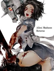  1girl alice:_madness_returns alice_(alice_in_wonderland) alice_in_wonderland alice_liddell_(american_mcgee&#039;s_alice) american_mcgee&#039;s_alice american_mcgee's_alice apron ass black_hair blood bloody_tears boots bow breasts bug butterfly crazy_eyes dress from_behind insect jewelry knife looking_at_viewer looking_back messy_hair necklace open_mouth red_eyes revision short_hair simple_background solo striped_clothes striped_thighhighs tcb thighhighs thighs underwear unicorn weapon white_background  rating:Sensitive score:38 user:danbooru