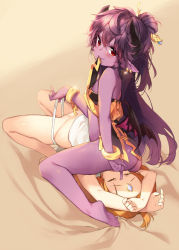 2girls ass barefoot blonde_hair blush borrowed_character bottomless child_on_child closed_eyes colored_skin demon_girl demon_wings earrings fang feet female_focus forehead_jewel highres horns jewelry loli ming_(mg) mouth_hold multiple_girls original pointy_ears purple_hair purple_skin red_eyes sankyaku_tako sitting sitting_on_face sitting_on_person soles wings yong_(mg) yuri rating:Explicit score:122 user:Dweenie