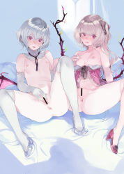  2girls alternate_hair_color anus bare_shoulders bat_wings breasts commentary_request elbow_gloves eyelashes fakepucco flandre_scarlet gloves highres indoors kneehighs multiple_girls navel nipples no_headwear nude partially_unbuttoned pink_footwear platinum_blonde_hair pussy pussy_juice remilia_scarlet seductive_smile short_hair side_ponytail silver_footwear silver_hair slit_pupils small_breasts smile socks spread_legs spread_pussy tongue tongue_out touhou white_legwear window wings 