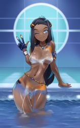 1girl ;) aqua_hair armband belt black_hair blue_eyes blue_eyeshadow blue_gloves bodypaint breasts breasts_apart collarbone commentary contrapposto cowboy_shot creatures_(company) dark-skinned_female dark_skin earrings english_commentary eyeliner eyeshadow false_clothes game_freak gloves gluteal_fold gym_leader highres hoop_earrings jewelry jiffic long_hair looking_at_viewer makeup medium_breasts multicolored_hair naked_paint navel necklace nessa_(pokemon) nintendo nipples nude one_eye_closed painted_clothes partially_fingerless_gloves pendant pokemon pokemon_swsh pool pussy single_glove smile solo stomach streaked_hair thigh_gap tile_floor tiles two-tone_hair very_long_hair w wading water wristband rating:Explicit score:52 user:danbooru