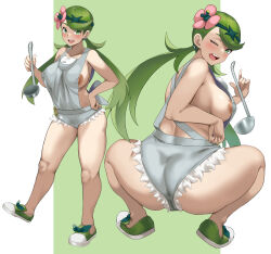  1girl ;d areola_slip ass ass_focus blush breasts cameltoe cleft_of_venus creatures_(company) dark-skinned_female dark_skin flower_ornament game_freak green_eyes green_footwear green_hair hair_ornament hand_on_own_hip huge_breasts jirusu looking_at_viewer looking_back mallow_(pokemon) multiple_views nintendo nipple_slip nipples nipples_through_clothes no_bra one_eye_closed open_mouth overalls pokemon pokemon_(anime) pokemon_sm_(anime) short_shorts shorts simple_background smile soup_ladle squatting turnaround twintails wink  rating:Questionable score:49 user:ehwdihed151