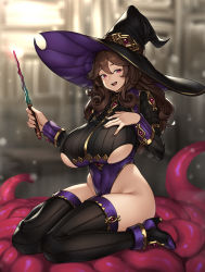  1girl :d blurry blurry_background boots breasts brown_hair curly_hair full_body hair_between_eyes hand_on_own_chest hat high_heel_boots high_heels highleg highleg_leotard highres houtengeki huge_breasts juliet_sleeves leotard long_hair long_sleeves looking_at_viewer multicolored_leotard open_mouth original puffy_sleeves red_eyes sitting smile solo tentacles thighhighs wand wariza witch_hat  rating:Sensitive score:77 user:danbooru