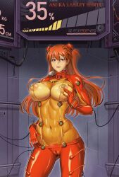  1girl absurdres blue_eyes blush bodysuit breast_expansion breasts cameltoe covered_erect_nipples covered_navel female_focus gloves gluteal_fold highres kirin_ouji large_breasts lips long_hair neon_genesis_evangelion plugsuit red_hair skin_tight solo souryuu_asuka_langley sweat 