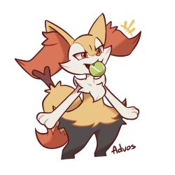  advos ball braixen creatures_(company) fang furry game_freak gen_6_pokemon mouth_hold nintendo orange_eyes pokemon pokemon_(creature) signature simple_background smile solo standing stick tennis_ball white_background 