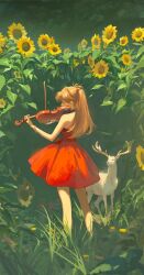  1girl absurdres animal artist_name bare_shoulders bracelet chinese_commentary closed_eyes commentary_request day deer dress feet_out_of_frame flower from_behind glint grass highres holding holding_instrument instrument jewelry leaf lenoth long_hair music neon_genesis_evangelion orange_hair outdoors playing_instrument red_dress solo souryuu_asuka_langley standing strapless strapless_dress sunflower two_side_up violin yellow_flower  rating:General score:5 user:danbooru