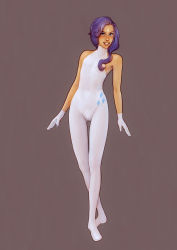  1girl bare_shoulders bodysuit commentary facial_mark gloves grey_background highres humanization lips muhamaru_yuni my_little_pony my_little_pony:_friendship_is_magic parted_lips purple_hair rarity_(my_little_pony) skin_tight smile solo standing thigh_gap white_gloves 