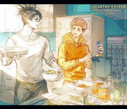  2boys black_hair bottle bowl can canned_food cherry_tomato choso_(jujutsu_kaisen) copyright_name cowboy_shot double_bun grey_pants hair_bun highres ho9_999 holding holding_bowl holding_plate hood hoodie indoors itadori_yuuji jujutsu_kaisen kitchen letterboxed light_smile long_sleeves looking_at_another male_focus multiple_boys open_mouth orange_hoodie pants pink_hair plate refrigerator salad short_hair sink spatula sweater teeth tile_wall tiles tomato undercut white_sweater 