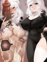  breasts bukkake censored character_request cross cross_necklace cum garter_straps heart highres idolmaster impregnation jewelry lingerie mosaic_censoring necklace nun penis penis_grab penis_on_face purple_eyes sperm_cell underwear white_hair  rating:Explicit score:82 user:Heaverance