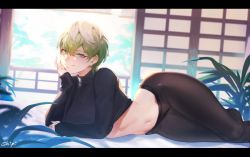  1girl artist_name black_bra black_pantyhose black_sweater blue_eyes bra breasts closed_mouth clothes_lift crossed_arms feet_out_of_frame green_hair hand_on_own_chin highres izumo_tenka letterboxed long_sleeves looking_at_viewer lying mato_seihei_no_slave navel on_side pantyhose scenery shipl short_hair smile solo stomach sweater sweater_lift turtleneck underwear  rating:Sensitive score:102 user:danbooru