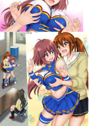 3girls blush grabbing_another&#039;s_breast breasts cheerleader cyclone_(reizei) grabbing highres large_breasts moaning multiple_girls original school_uniform tagme yuri  rating:Questionable score:38 user:Anise
