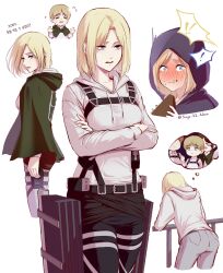  ! !! 1boy 1girl absurdres annie_leonhart armin_arlert ass belt belt_buckle black_belt black_cloak blonde_hair blue_eyes blue_pants blush buckle cape chibi cloak closed_eyes commentary_request crossed_arms denim eating flying_sweatdrops food food_on_face green_cape highres holding holding_food hood hood_down hood_up hooded_cloak hoodie jeans korean_commentary korean_text long_sleeves looking_at_viewer pants sayo_nara_drawing shingeki_no_kyojin shirt simple_background thought_bubble translation_request twitter_username white_background white_hoodie white_shirt 