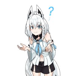  1girl ? ahoge aikohgin animal_ears aqua_eyes belt black_belt black_shorts blue_neckerchief braid closed_mouth cowboy_shot detached_sleeves guess_i&#039;ll_die guess_i&#039;ll_die_(meme) highres hololive leaning_forward long_hair looking_at_viewer meme navel neckerchief shirakami_fubuki shirakami_fubuki_(1st_costume) shirt short_shorts shorts shrug simple_background solo standing tail virtual_youtuber white_background white_hair white_shirt 