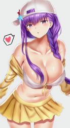  10s 1girl backwards_hat bad_id bad_pixiv_id bare_shoulders baseball_cap bb_(fate) bb_(fate)_(all) bb_(swimsuit_mooncancer)_(fate) bb_(swimsuit_mooncancer)_(first_ascension)_(fate) bikini bikini_top_only blush braid breasts cleavage collarbone cropped_jacket fary5 fate/extra fate/extra_ccc fate/grand_order fate_(series) hat hat_ornament heart highres jacket large_breasts long_hair looking_at_viewer navel parted_lips purple_eyes purple_hair simple_background skirt solo spoken_heart star_(symbol) star_hat_ornament swimsuit thighs very_long_hair white_bikini white_hat yellow_jacket yellow_skirt  rating:Sensitive score:20 user:danbooru