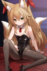  1girl animal_ear_fluff animal_ears arm_support bare_shoulders bed_sheet black_footwear black_leotard black_pantyhose blonde_hair blush breasts closed_mouth commentary detached_collar dot_nose fake_animal_ears female_focus fox_ears fox_girl fox_tail green_eyes hair_between_eyes high_heels highleg highleg_leotard highres knee_up kokonoe_tsubaki leotard loli long_hair looking_at_viewer multiple_tails necktie original pantyhose playboy_bunny pumps rabbit_ears red_necktie short_necktie sitting small_breasts solo split_mouth spread_legs strapless strapless_leotard tail two_tails v-shaped_eyebrows very_long_hair wavy_mouth white_wrist_cuffs wrist_cuffs yoshizawa_tsubaki 