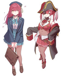 1girl a-ka casual casual eyepatch full_body hat highres hololive houshou_marine houshou_marine_(1st_costume) long_hair pirate pirate_hat red_hair school_uniform simple_background twintails virtual_youtuber white_background