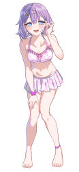  1girl :d @_@ aldehyde bare_arms bare_legs bare_shoulders barefoot bikini blue_eyes blush breasts collarbone floral_print frilled_bikini frills full_body hair_between_eyes hair_ornament hairclip hand_up highres hiiragi_tsukino_(aldehyde) leaning_forward looking_at_viewer navel open_mouth original pink_bikini print_bikini purple_hair simple_background small_breasts smile solo swimsuit teeth upper_teeth_only white_background 