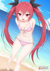 1girl :q arms_behind_back artist_name bikini blush breasts collarbone cowboy_shot date_a_live day english_text hair_ornament hair_ribbon highres itsuka_kotori long_hair looking_at_viewer medium_breasts navel open_mouth outdoors patreon_logo patreon_username red_eyes red_hair ribbon smile solo stomach striped_bikini striped_clothes swimsuit thighhighs tongue tongue_out twintails underboob vahn_yourdoom rating:Sensitive score:80 user:danbooru