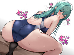  1boy 1girl alternate_costume ass blue_one-piece_swimsuit competition_swimsuit from_behind green_eyes green_hair grinding highres kantai_collection kihou_no_gotoku_dmc long_hair looking_back one-piece_swimsuit suzuya_(kancolle) sweat swimsuit very_sweaty 