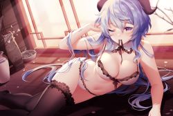 1girl arm_behind_head arm_support artist_name bare_shoulders black_ribbon black_thighhighs blue_hair bra breasts cleavage collar ganyu_(genshin_impact) genshin_impact goat_horns horns indoors lace lace-trimmed_bra lace-trimmed_collar lace-trimmed_legwear lace-trimmed_panties lace_trim large_breasts legs lingerie long_hair looking_at_viewer lying mouth_hold navel on_side one_eye_closed panties pixiv_id plant potted_plant red_eyes ribbon ribbon_in_mouth rimuu solo stomach thighhighs twitter_username underwear underwear_only very_long_hair white_bra white_collar white_panties wooden_floor rating:Sensitive score:109 user:danbooru