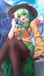  1girl black_hat black_pantyhose blurry blurry_background blush breasts city extra_eyes frilled_skirt frills green_eyes green_hair green_skirt hat heart highres holding komeiji_koishi long_sleeves looking_at_viewer medium_hair open_mouth pantyhose shirt sitting skirt sleeves_past_wrists small_breasts smile solo teeth touhou upper_teeth_only white_background wide_sleeves yellow_shirt yosshy  rating:General score:4 user:danbooru