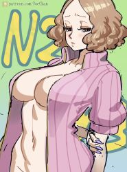  1girl atlus blush breasts cleavage embarrassed highres inner_sideboob large_breasts looking_down looking_to_the_side okumura_haru open_clothes open_shirt persona persona_5 persona_5_the_royal poechan_chan solo  rating:Questionable score:56 user:BulletClub