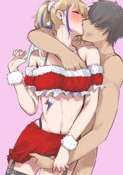  1boy 1girl absurdres bare_shoulders blonde_hair blush caelus_(honkai:_star_rail) christmas closed_eyes commentary_request crop_top crotch_grab earrings grabbing grabbing_another&#039;s_breast grey_hair highres honkai:_star_rail honkai_(series) jewelry kiss long_hair multicolored_hair pink_background pussy_juice red_skirt serval_landau shion1350 skirt streaked_hair trailblazer_(honkai:_star_rail)  rating:Explicit score:98 user:danbooru
