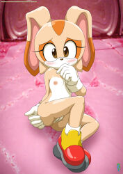  1girl animal_ears artist_name ass bare_legs bare_shoulders blush brown_eyes brown_fur cleft_of_venus completely_nude covering_own_mouth cream_the_rabbit female_focus flat_chest full_body furry furry_female gloves hand_on_own_ass highres indoors loli long_ears looking_at_viewer navel nipples nude palcomix pussy rabbit_ears rabbit_tail sega shoes shy sitting smile socks solo sonic_(series) stomach tail watermark web_address white_gloves white_socks 