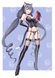 1girl animal_ear_fluff animal_ears black_hair bondage_outfit boots border breasts bustier cat_ears cat_tail collarbone contrapposto dominatrix elbow_gloves fang flogger full_body garter_straps gloves green_eyes hand_on_own_hip high_heel_boots high_heels highres karyl_(princess_connect!) knee_boots large_breasts long_hair looking_at_viewer princess_connect! skindentation solo tail very_long_hair white_border xiaoxi0619 rating:Questionable score:44 user:danbooru