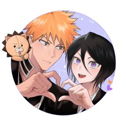 &gt;:) 1boy 1girl :d absurdres black_hair black_kimono bleach blush brown_eyes close-up closed_mouth commentary couple double-parted_bangs gwao_(_ul_13) hair_between_eyes hand_up happy heart heart_hands heart_hands_duo hetero highres japanese_clothes kimono kon_(bleach) kuchiki_rukia kurosaki_ichigo looking_at_another looking_at_viewer medium_hair open_mouth orange_hair purple_background purple_eyes short_hair simple_background smile spiked_hair straight_hair stuffed_animal stuffed_lion stuffed_toy teeth tsurime upper_teeth_only v-shaped_eyebrows white_background