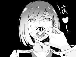  10s 1girl aftersex angry bangs black_background cum cum_in_mouth cum_on_tongue darling_in_the_franxx drooling eyebrows eyebrows_visible_through_hair facial female_focus finger_in_mouth half-closed_eyes head heart ichigo_(darling_in_the_franxx) looking_at_viewer monochrome nier_(artist) nose open_mouth saliva shiny shiny_hair short_hair simple_background solo teeth tongue tongue_out upper_body 