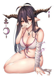  1girl antenna_hair bandages bandaged_arm bandages bare_shoulders bikini black_hair breasts cleavage collarbone crescent danua draph finger_to_mouth front-tie_bikini_top front-tie_top granblue_fantasy hair_between_eyes hand_up highres horn_ornament horns large_breasts long_hair looking_at_viewer navel pointy_ears red_eyes sidelocks simple_background sitting solo swimsuit thighs white_background ym_(distance819)  rating:Sensitive score:13 user:danbooru