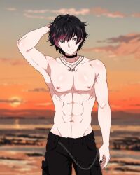  1boy abs arm_on_own_head armpits beach black_choker black_hair black_nails black_pants chain choker closed_mouth cloud frown grey_eyes highres jewelry looking_at_viewer male_focus messy_hair multicolored_hair necklace nexas_(vtuber) pants pectorals pink_hair sbel02 second-party_source solo soma_fujimori streaked_hair sunset topless_male virtual_youtuber 