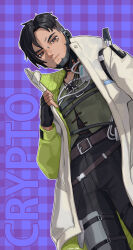  1boy animification apex_legends artist_name belt black_eyes black_gloves black_hair black_pants black_shirt brown_belt cable character_name commentary crypto_(apex_legends) fingerless_gloves gloves green_vest highres jacket light_frown looking_at_viewer male_focus namjak pants plaid plaid_background purple_background shirt solo symbol-only_commentary vest white_jacket 
