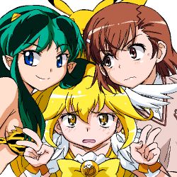  3girls animal_print bare_shoulders bikini blonde_hair blue_eyes blush bow bowtie breasts brown_eyes brown_hair brown_vest choker collarbone creatures_(company) crossover cure_peace double_v feather_hair_ornament feathers female_focus flat_chest game_freak gen_1_pokemon gomatarou_(pixiv196136) green_hair hair_between_eyes hair_ornament hairclip hands_up happy horns jaggy_lines light_blush looking_at_another looking_at_viewer looking_to_the_side lowres lum magical_girl matching_hair/eyes medium_breasts misaka_mikoto multiple_girls nintendo oekaki open_mouth orange_choker pikachu pointy_ears pokemon pokemon_(creature) power_connection precure print_bikini puffy_short_sleeves puffy_sleeves raised_eyebrows school_uniform shirt short_hair short_sleeves sideboob sidelocks simple_background smile smile_precure! split_mouth straight-on strapless strapless_bikini sweat swimsuit tiger_print toaru_kagaku_no_railgun toaru_majutsu_no_index tokiwadai_school_uniform trait_connection upper_body urusei_yatsura v v-shaped_eyebrows vest wavy_mouth white_background white_shirt wrist_cuffs yellow_bikini yellow_bow yellow_bowtie yellow_horns 