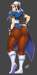 1girl ass blue_dress boots bracelet breasts brown_eyes brown_hair brown_pantyhose bun_cover capcom china_dress chinese_clothes chun-li cross-laced_footwear double_bun dress from_behind hair_bun highres huge_ass jewelry large_breasts legs maru_zyru_kun pantyhose pelvic_curtain puffy_short_sleeves puffy_sleeves sash short_sleeves side_slit simple_background solo spiked_bracelet spikes street_fighter thick_thighs thighs white_footwear wide_hips rating:Questionable score:106 user:animeboy12