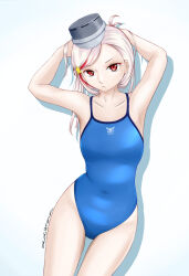  1girl anon. blonde_hair blue_one-piece_swimsuit competition_swimsuit grey_hat hat headgear highres holding holding_hair kantai_collection long_hair massachusetts_(kancolle) multicolored_hair one-piece_swimsuit red_eyes red_hair simple_background solo standing streaked_hair swimsuit thigh_gap white_background 