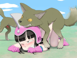 1girl aged_down bestiality black_hair blush censored chi-chi_(dragon_ball) clenched_teeth dog doggystyle dragon_ball gloves helmet henka hime_cut loli long_hair mosaic_censoring nude one_eye_closed outdoors rape sex sex_from_behind shoes sweat tears teeth top-down_bottom-up wince wolf rating:Explicit score:244 user:sephirot22