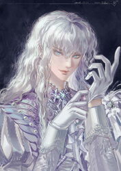  1boy absurdres adjusting_clothes adjusting_gloves alternate_costume androgynous ascot berserk black_background blue_eyes brooch closed_mouth dated eyelashes gloves griffith_(berserk) hair_between_eyes hair_over_shoulder highres jewelry lace_trim long_bangs long_hair long_sleeves looking_at_viewer male_focus momoyuk2 puffy_long_sleeves puffy_sleeves signature smile solo upper_body wavy_hair white_ascot white_gloves white_hair 