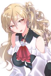  1girl ascot blonde_hair bodice braid breasts commentary_request french_braid frilled_shirt frills highres kantai_collection long_hair medium_breasts red_ascot red_eyes shirt simple_background smile solo tsukasa_(tukasa_br) upper_body wavy_hair white_background white_shirt zara_(kancolle) zara_due_(kancolle) 