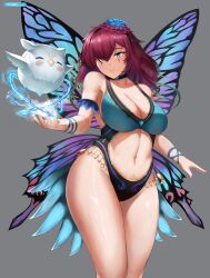 1girl absurdres alternate_costume bare_shoulders black_one-piece_swimsuit blue_eyes blue_one-piece_swimsuit breasts butterfly_wings cleavage clothing_cutout collarbone facial_mark fairy_wings feh_(fire_emblem_heroes) fire_emblem fire_emblem_heroes flower gradient_flower grey_background hair_flower hair_ornament hair_over_one_eye hair_vines highres insect_wings large_breasts looking_at_viewer navel navel_cutout nintendo one-piece_swimsuit plant purple_hair simple_background solo swimsuit tempurachronos thorns triandra_(fire_emblem) wings 