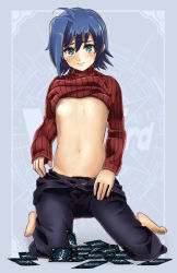  10s 1boy ahoge bad_id bad_pixiv_id barefoot blue_hair card cardfight!!_vanguard clothes_lift full_body green_eyes male_focus navel nipples ribbed_sweater sendou_aichi shirt_lift solo sweat sweater turtleneck  rating:Questionable score:14 user:danbooru