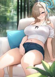  1girl asuna_(blue_archive) bare_shoulders blue_archive blue_eyes blue_halo blue_ribbon breasts commentary couch hair_over_one_eye hair_ribbon halo highres large_breasts light_brown_hair long_hair looking_at_viewer midriff navel off-shoulder_shirt off_shoulder on_couch parted_lips plant ribbon shirt short_shorts shorts sitting smile solar_(happymonk) solo thighs white_shirt 